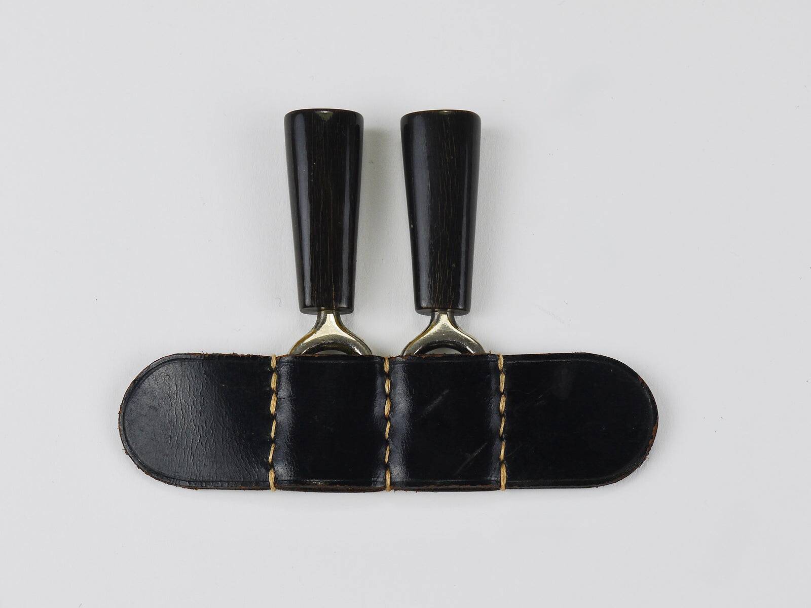 Carl Aubock Pair Forks, Horn, Brass, Leather Holder, Corn Cob Skewers 1930s