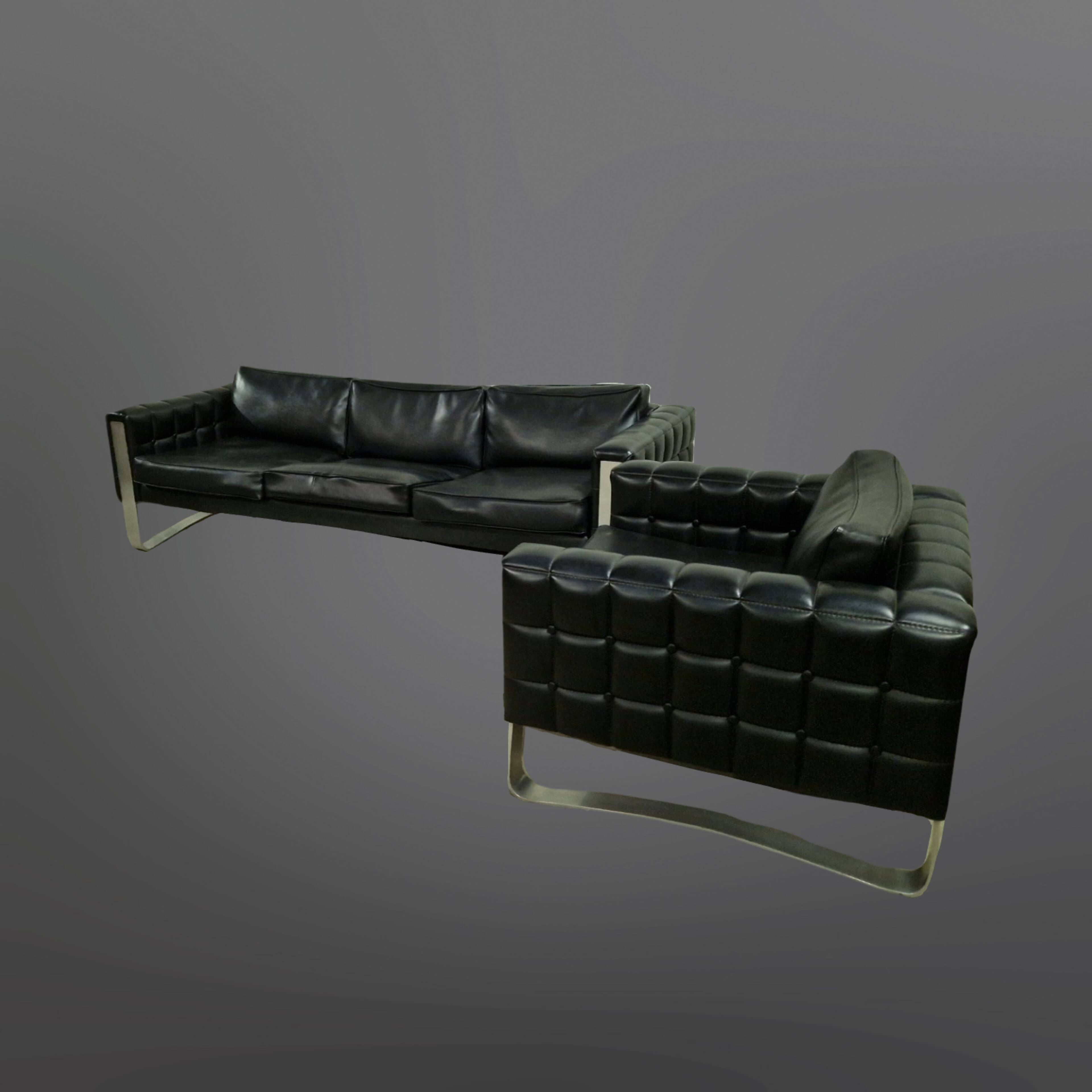 Groupe de sièges modernistes en vinyle noir et métal, Danemark 1950