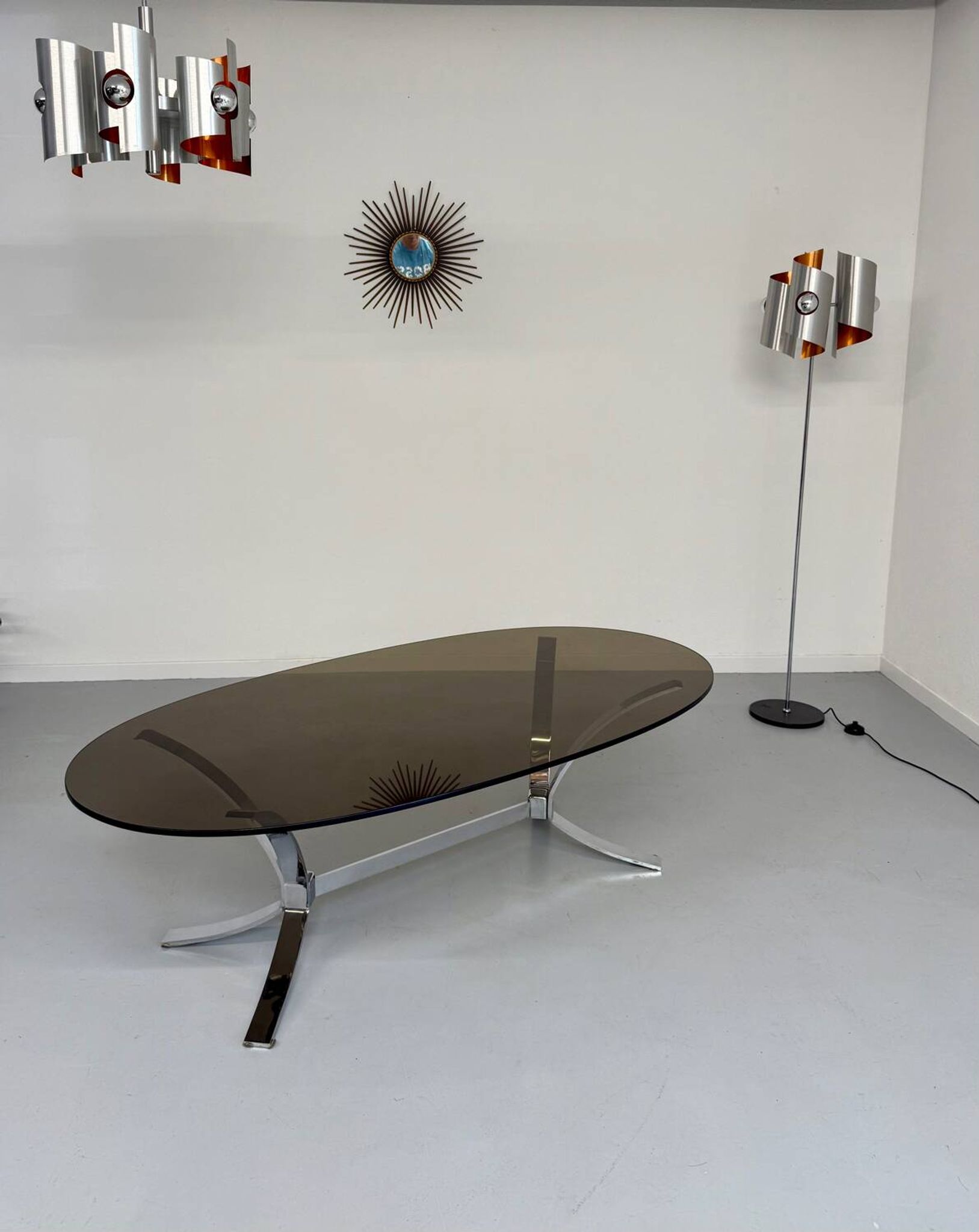 Old metal coffee table with smoked glass, Italian design, 70s vintage
