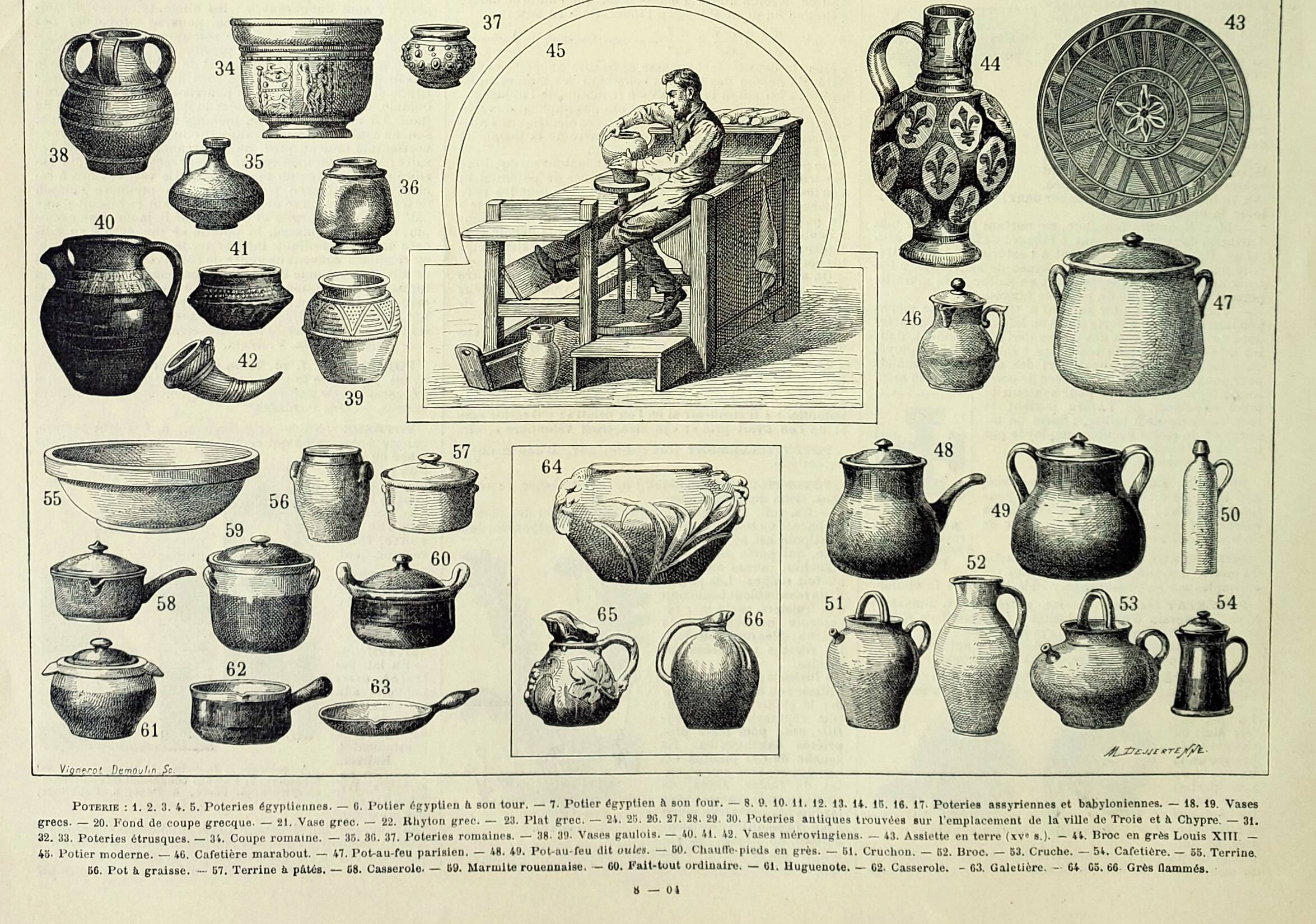 Gravure ancienne 1898, Poterie ancienne, vase, céramique • Lithographie originale et vintage
