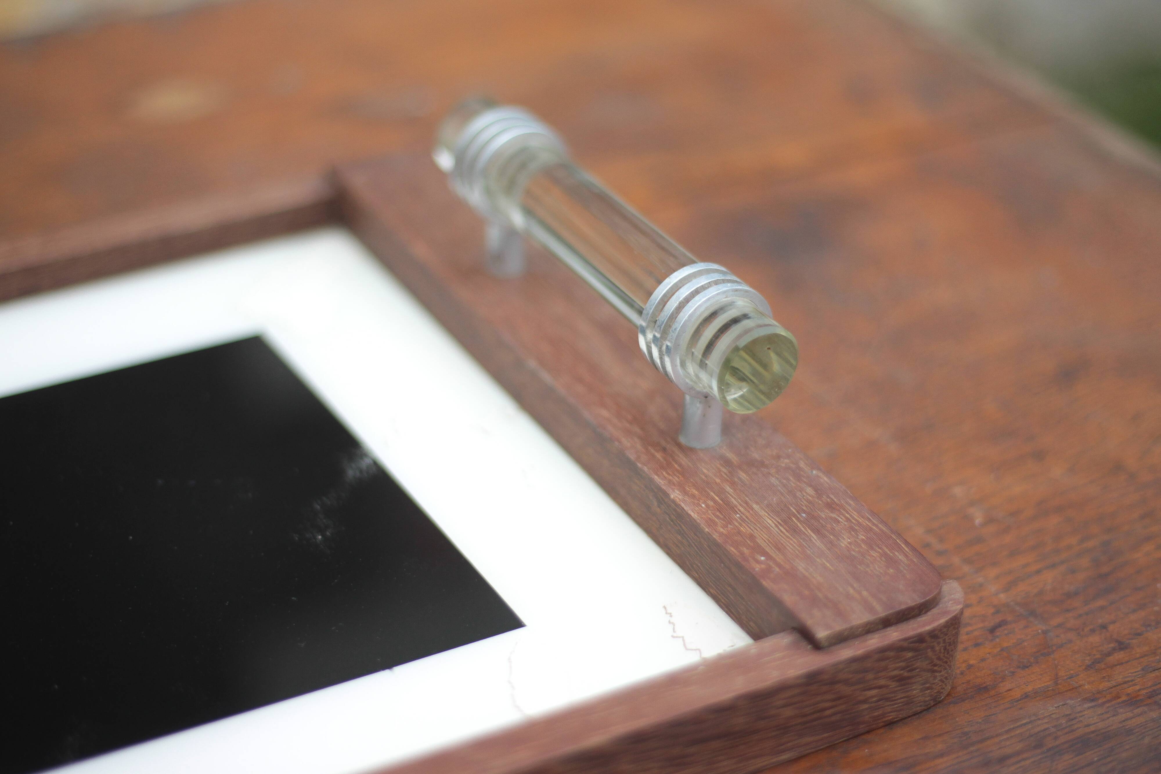 Art deco wooden tray, wooden tray with glass handles, breakfast tray
