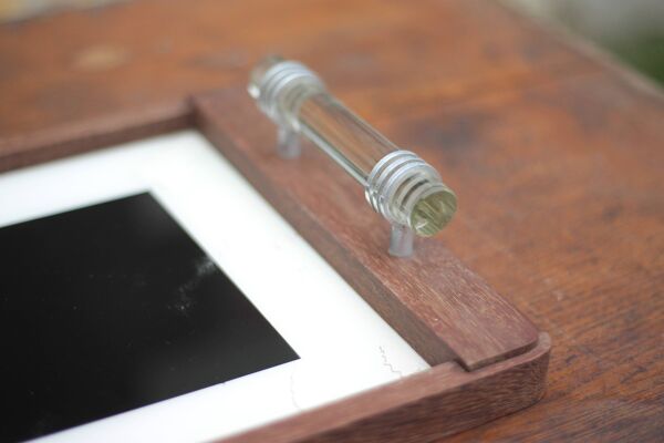 Plateau bois art déco, plateau bois avec poignées en verre,plateau déjeuner