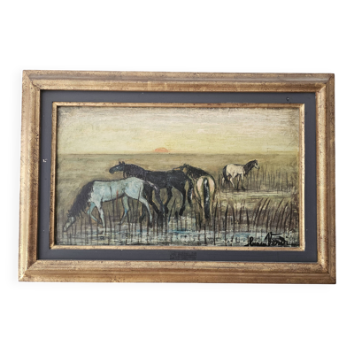Tableau Huile sur Panneau école de Barbizon - Chevaux au pré Signé Lucien V