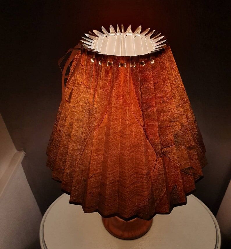 Vintage wooden lamp with pleated fabric lampshade 1980