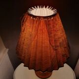 Vintage wooden lamp with pleated fabric lampshade 1980