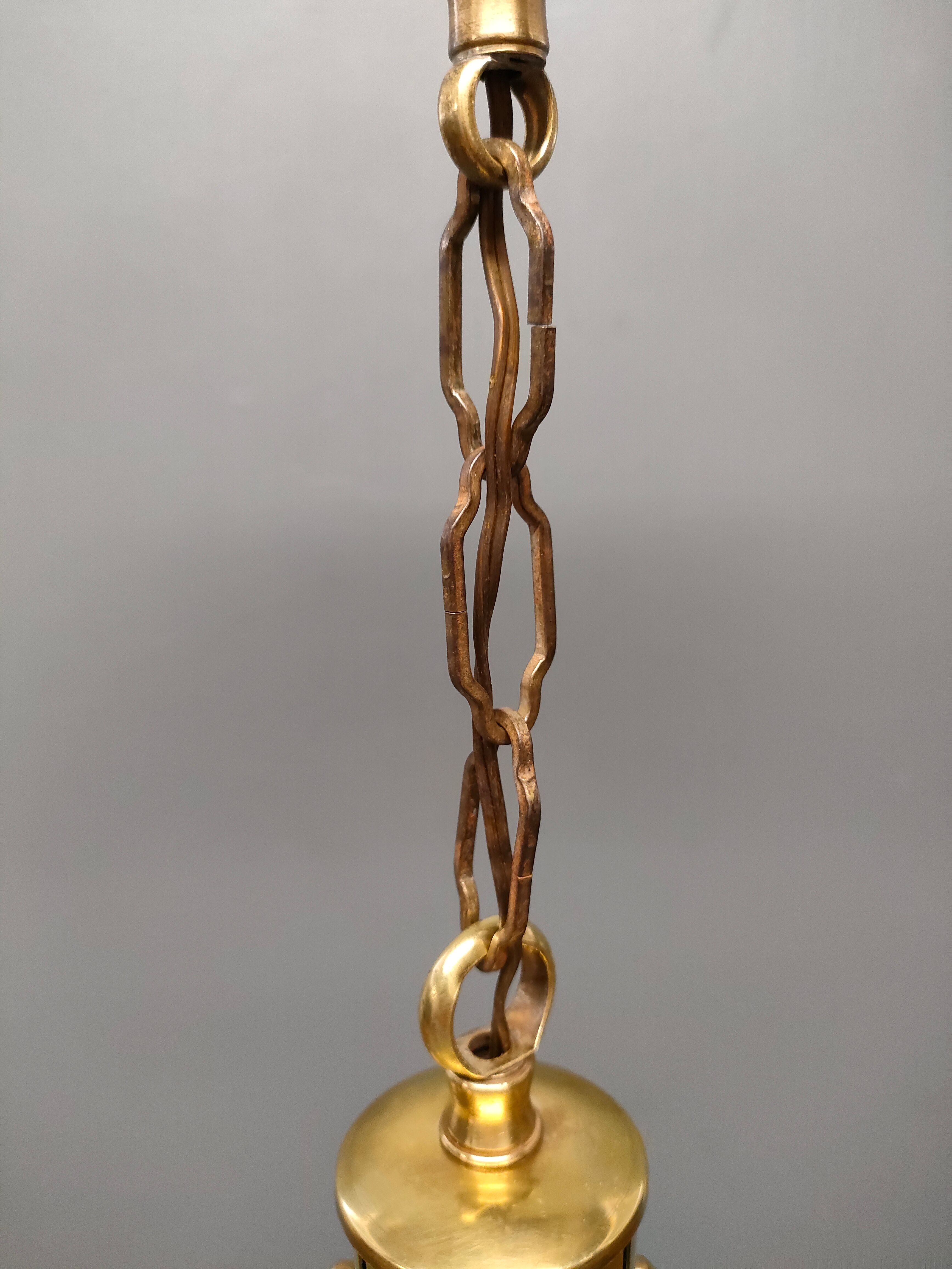 Lustre Lanterne-cage cylindre - Un feu - Années 1950/1960 - France - Laiton, Verre