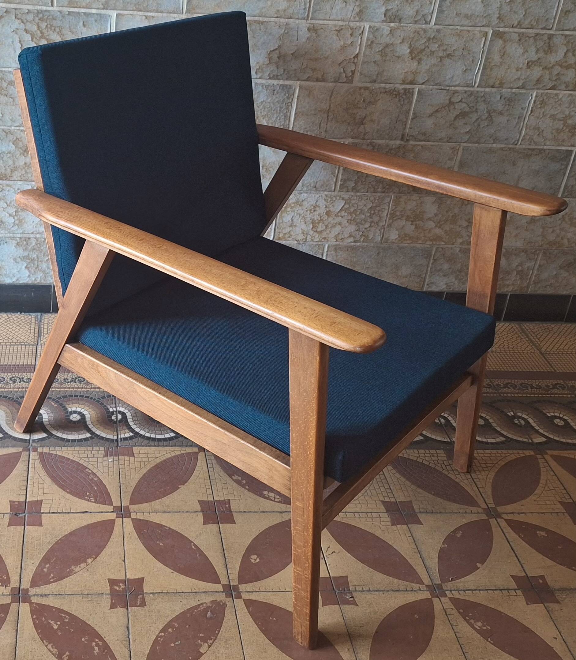Danish teak lounge chair with sea blue-green fabric, 1960s