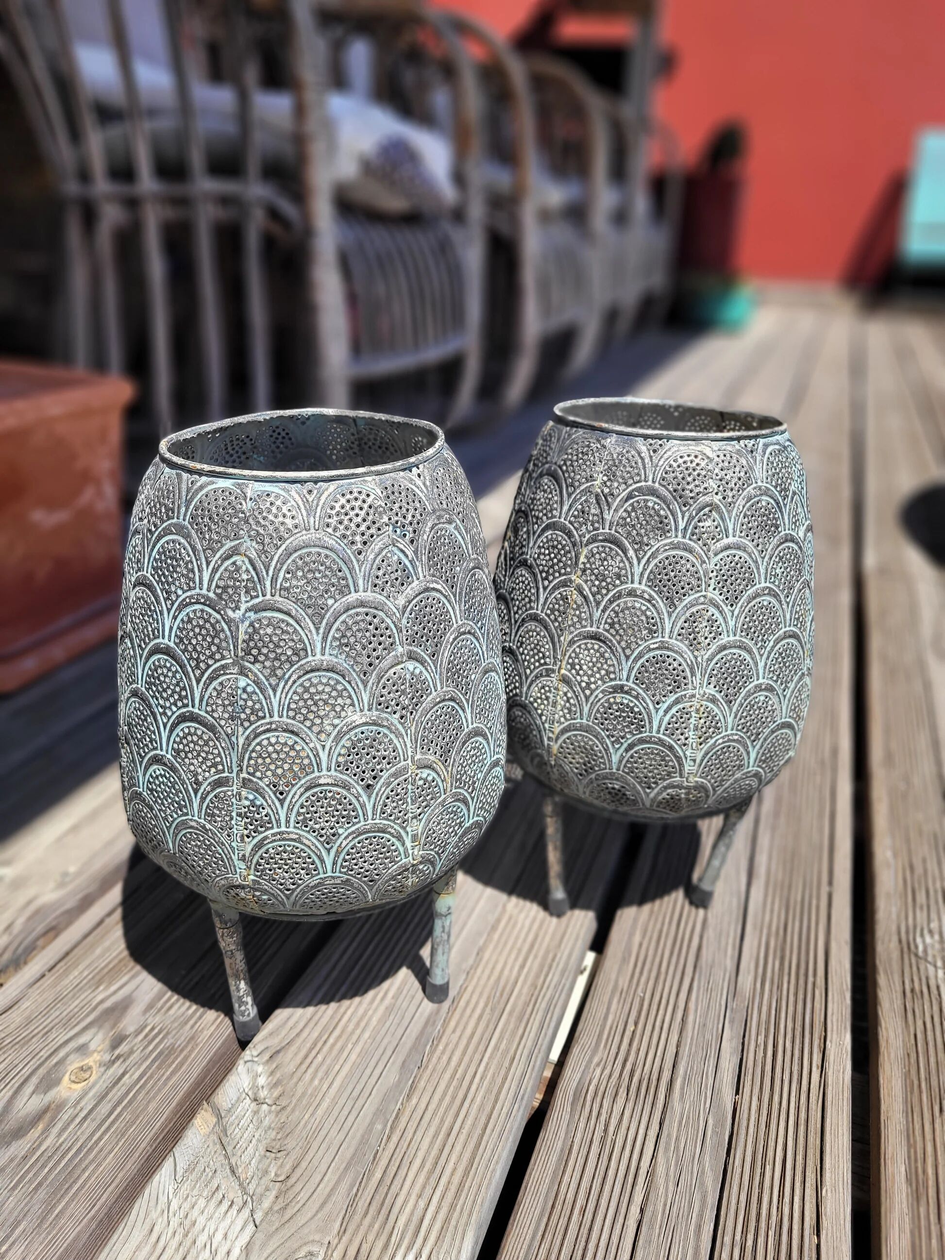 Pair of openwork metal lanterns