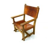 Antique French Handmade Brutalist Oak & Cognac Leather Castle Chair, 1920s.
