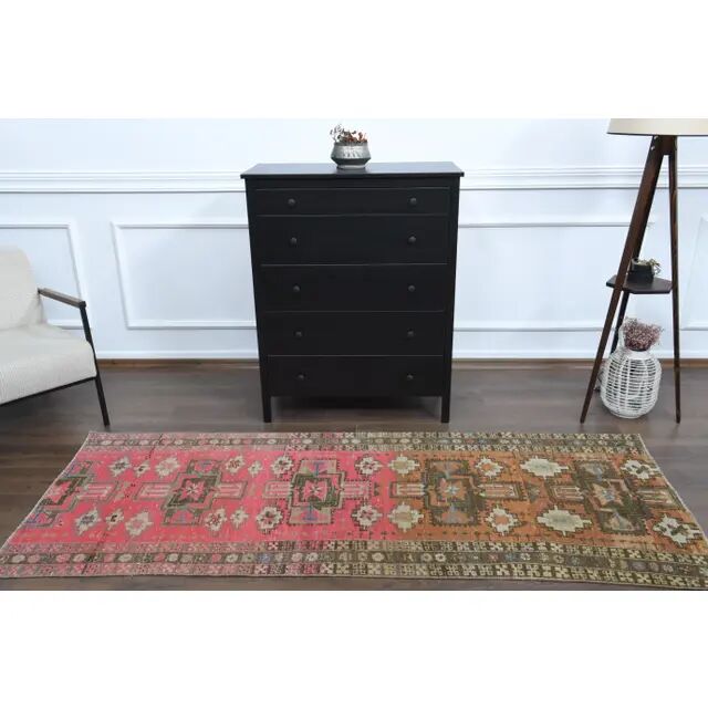 Vintage Turkish Oushak Handmade Wool Cotton Pink Runner Rug 96x242