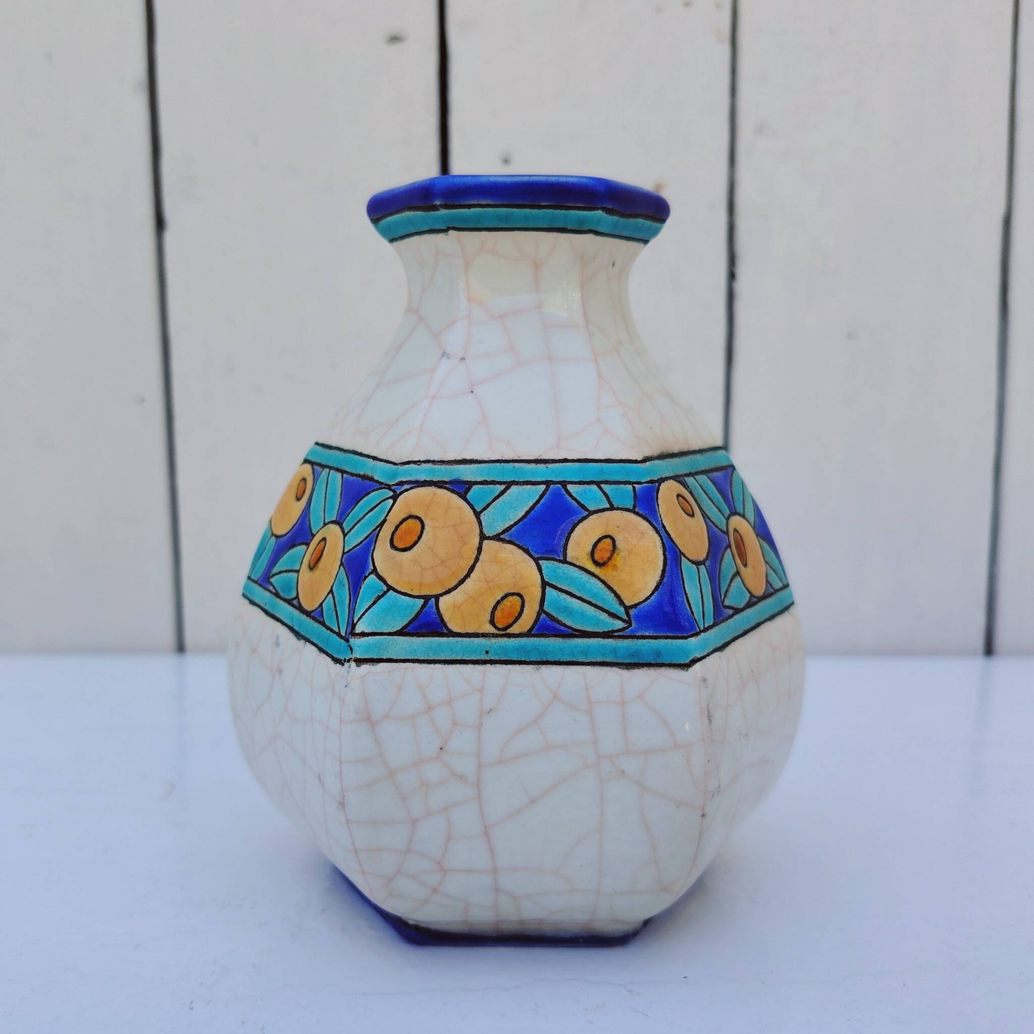 Vase art déco, émaux de Longwy, décor floral, vintage