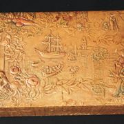Old embossed leather glove box decorated scenes
