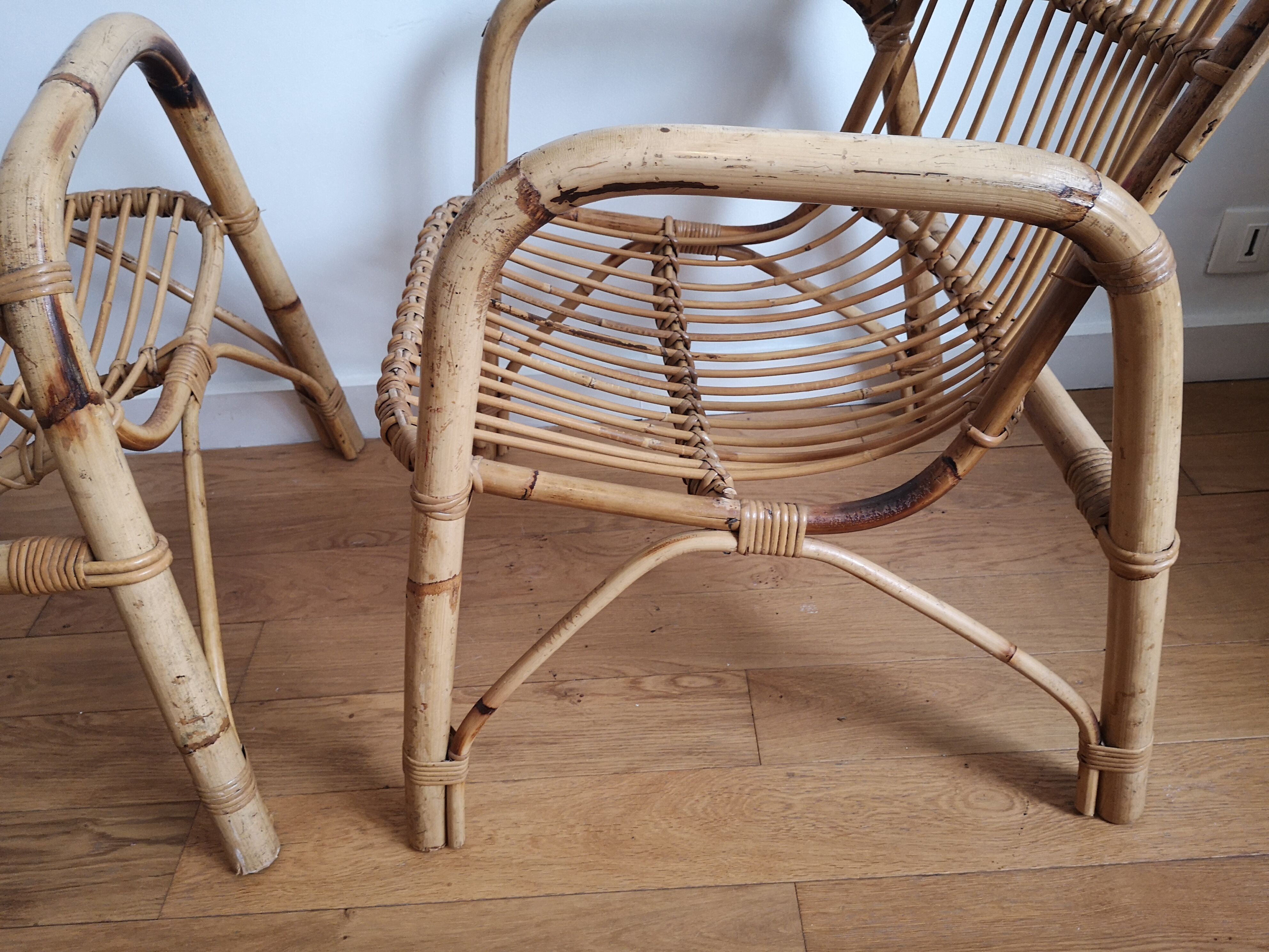 Pair of bamboo and rattan armchairs