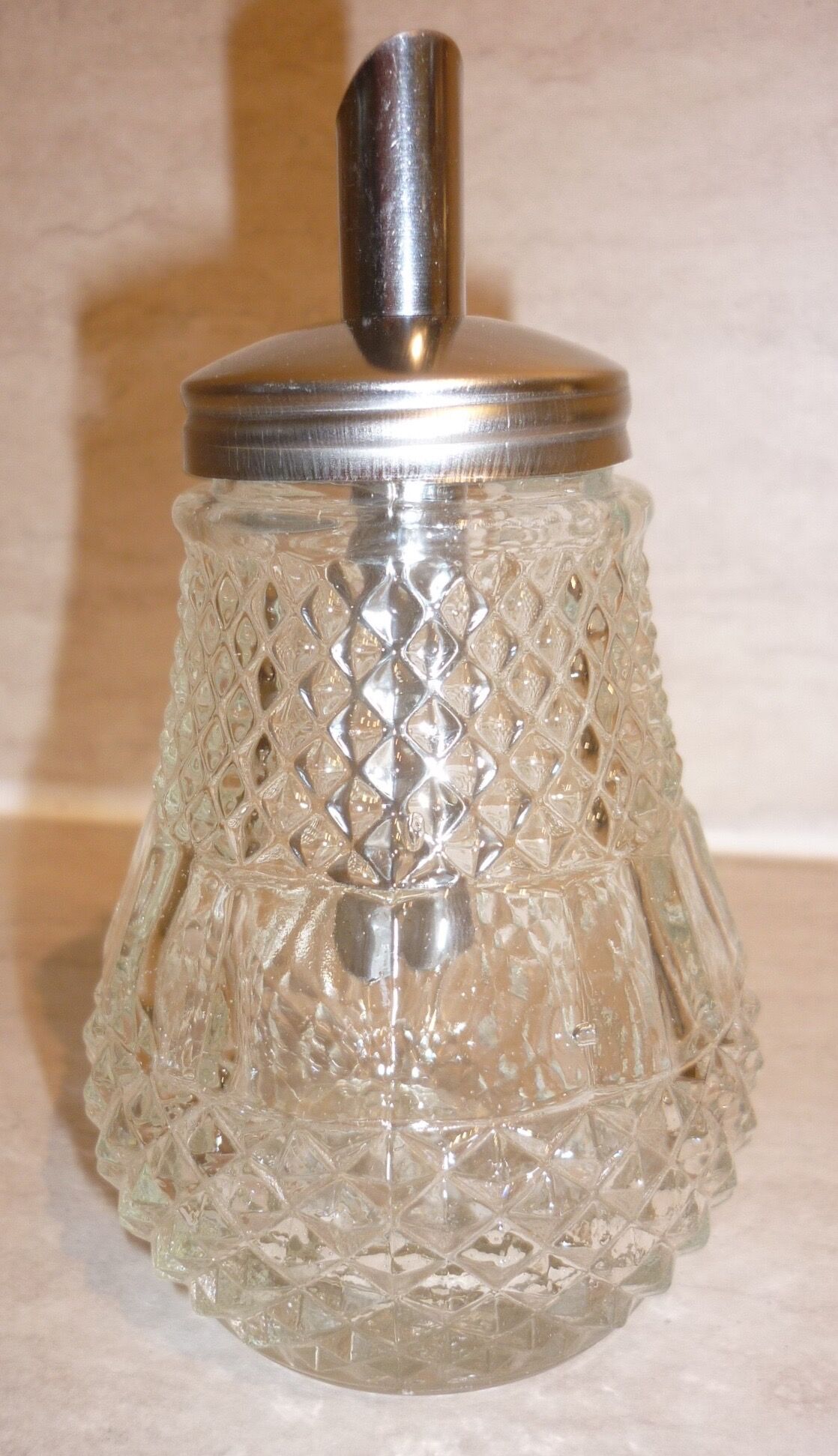 Glass table sugar bowl with stainless steel spout