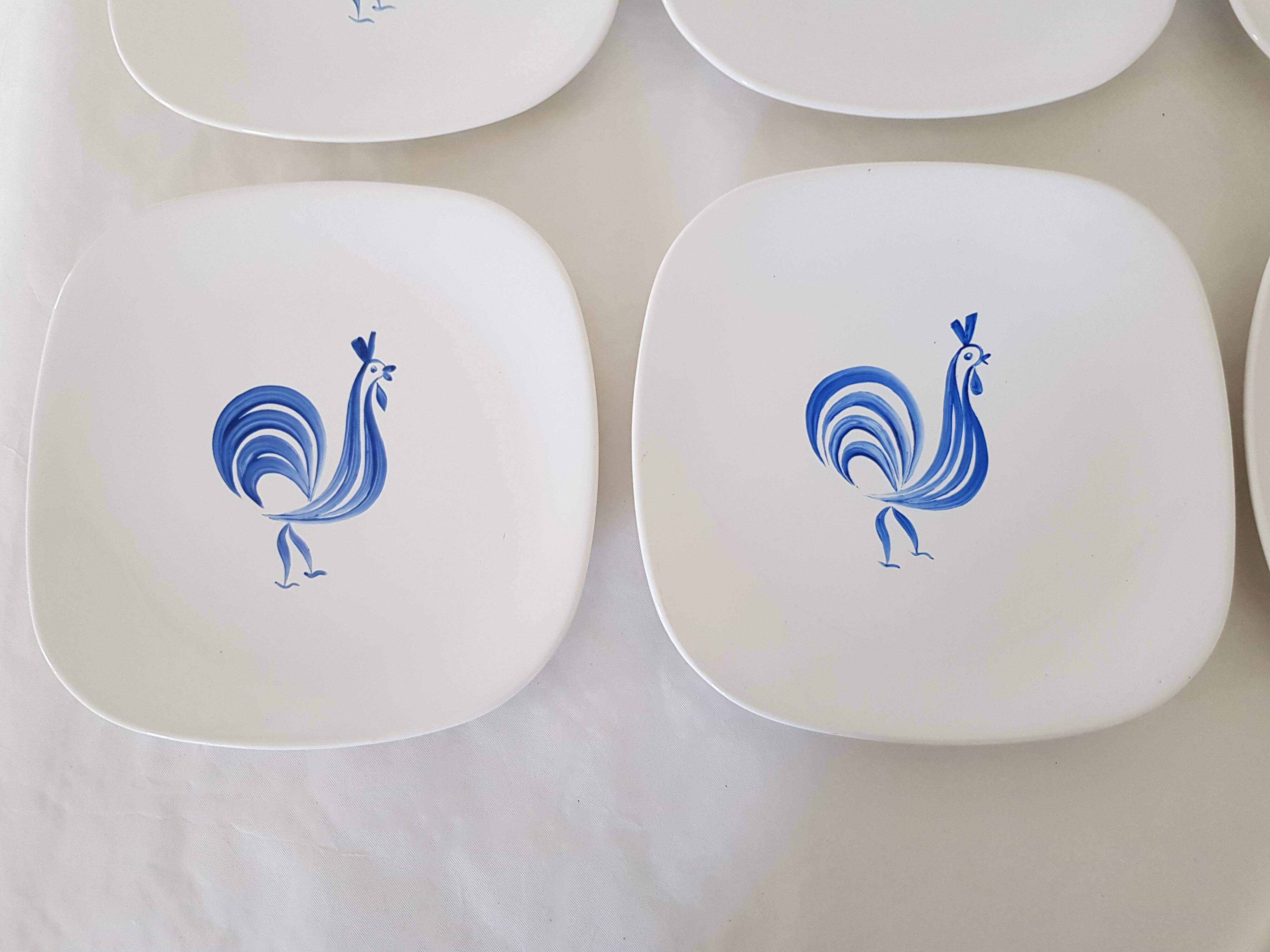Set of 6 Longchamp dessert plates hand painted blue rooster