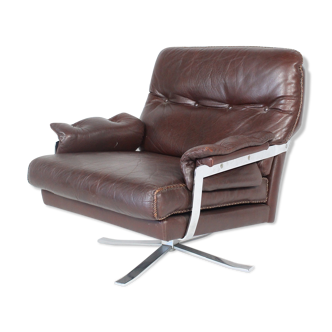 Brown leather and chrome armchair by Arne Norell for Vatne