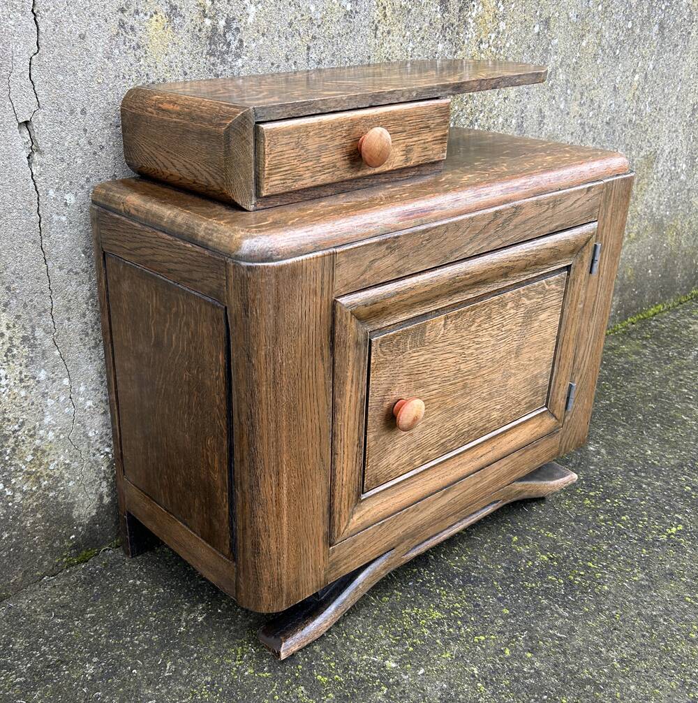 Art Deco bedside table, oak, moustache legs, 1930s