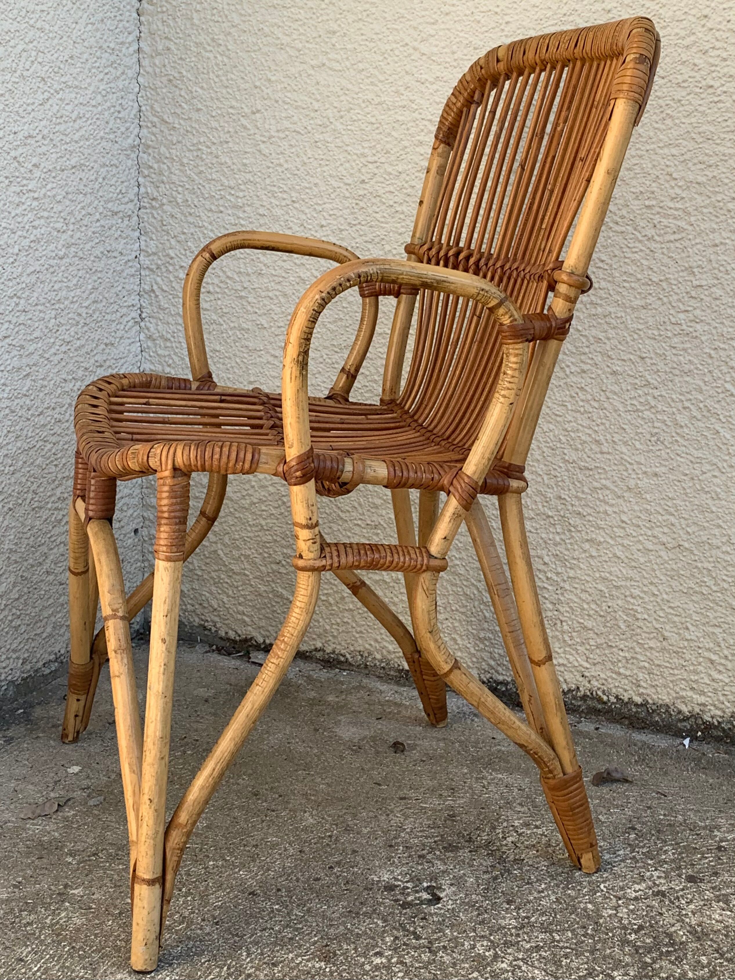 Chair and armchair in vintage rattan 1950