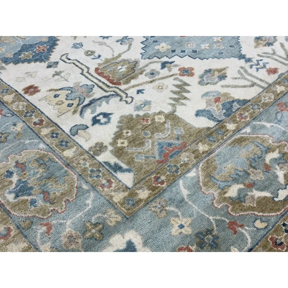 Contemporary Handmade Wool Area Rug, Ivory and Blue Floral Design Carpet for Living Room
