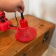 Three-lamp suspension in Memphis design style in red metal.