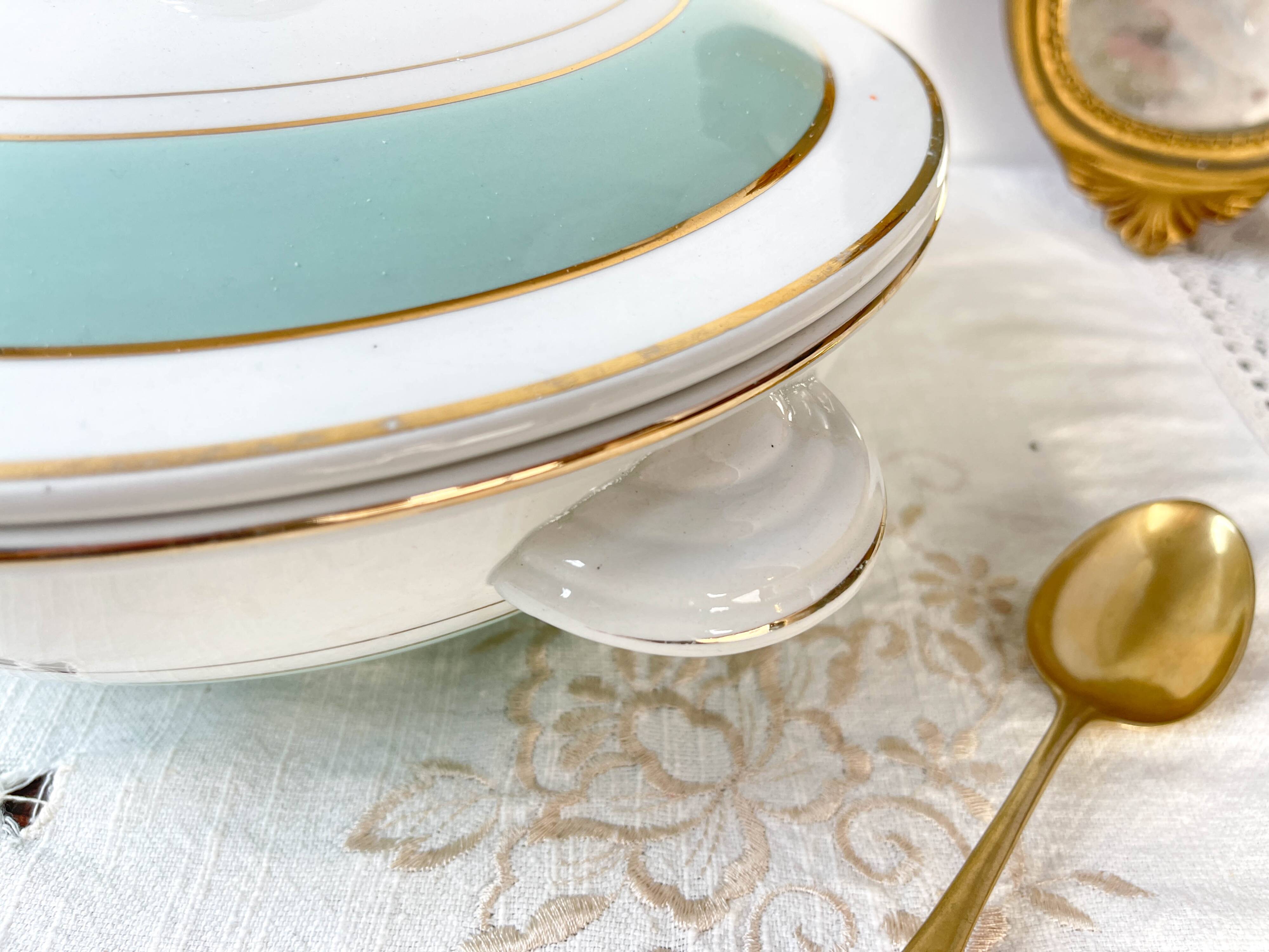 Vintage white and green porcelain tureen, Luneville, Epinay, France, 1950s