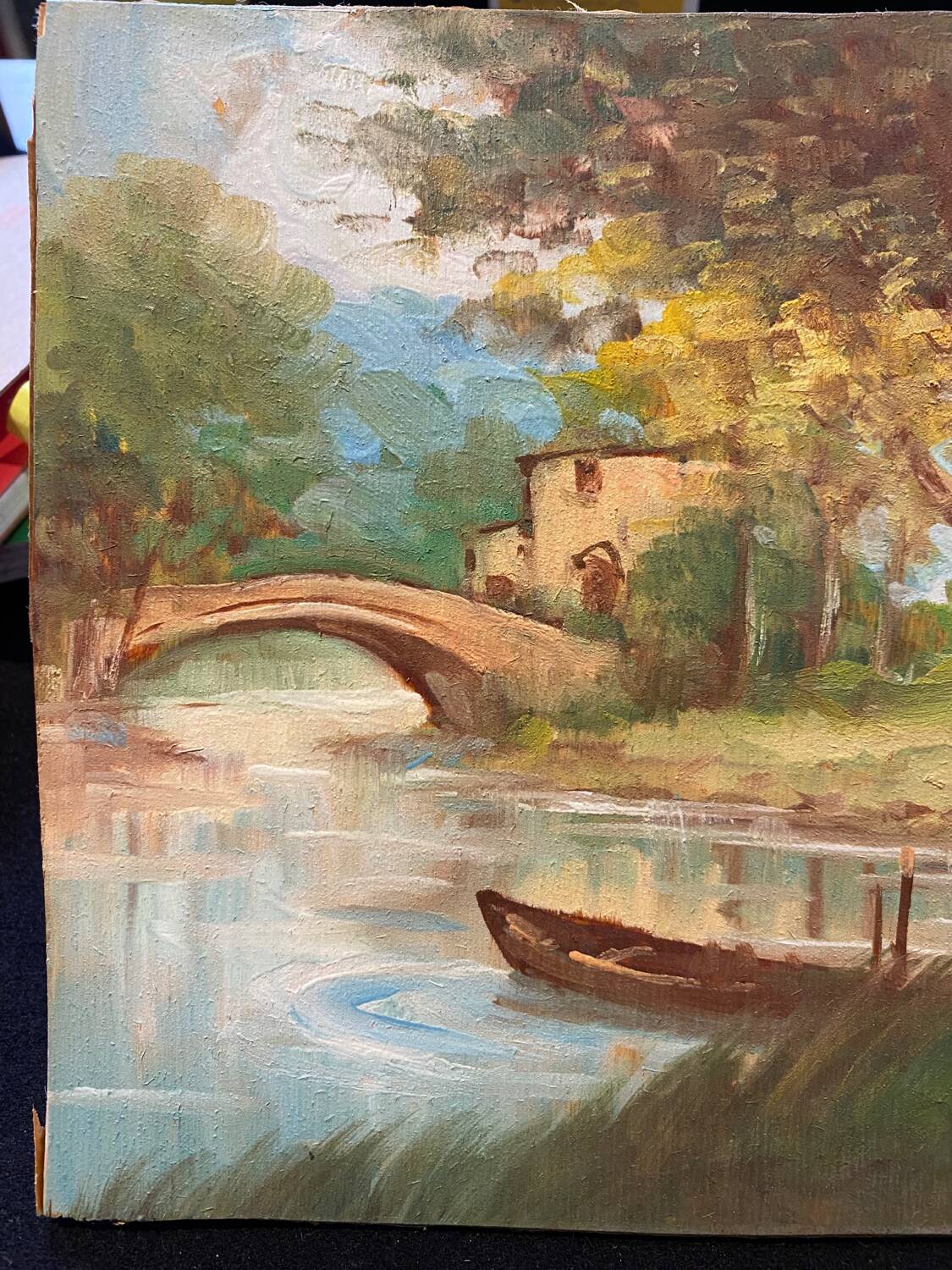 Tableau ancien paysage à la rivière XX siècle