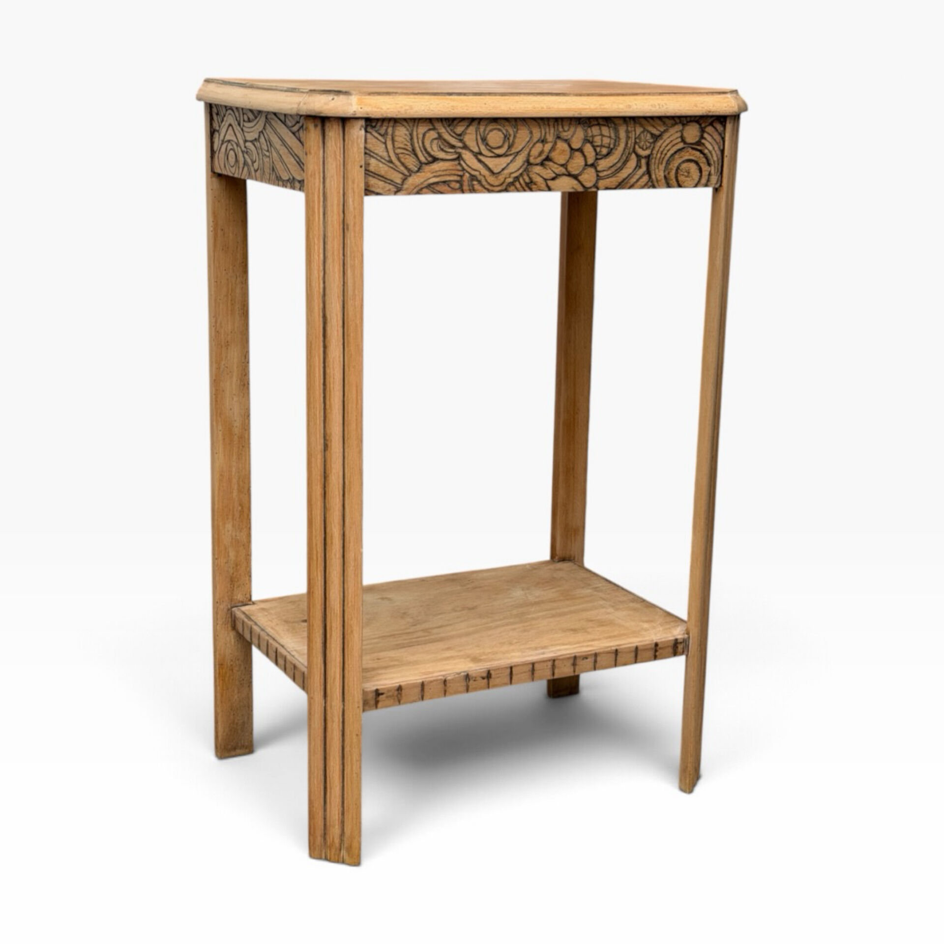 Art Deco console in raw wood with floral decoration, renovated 1930.