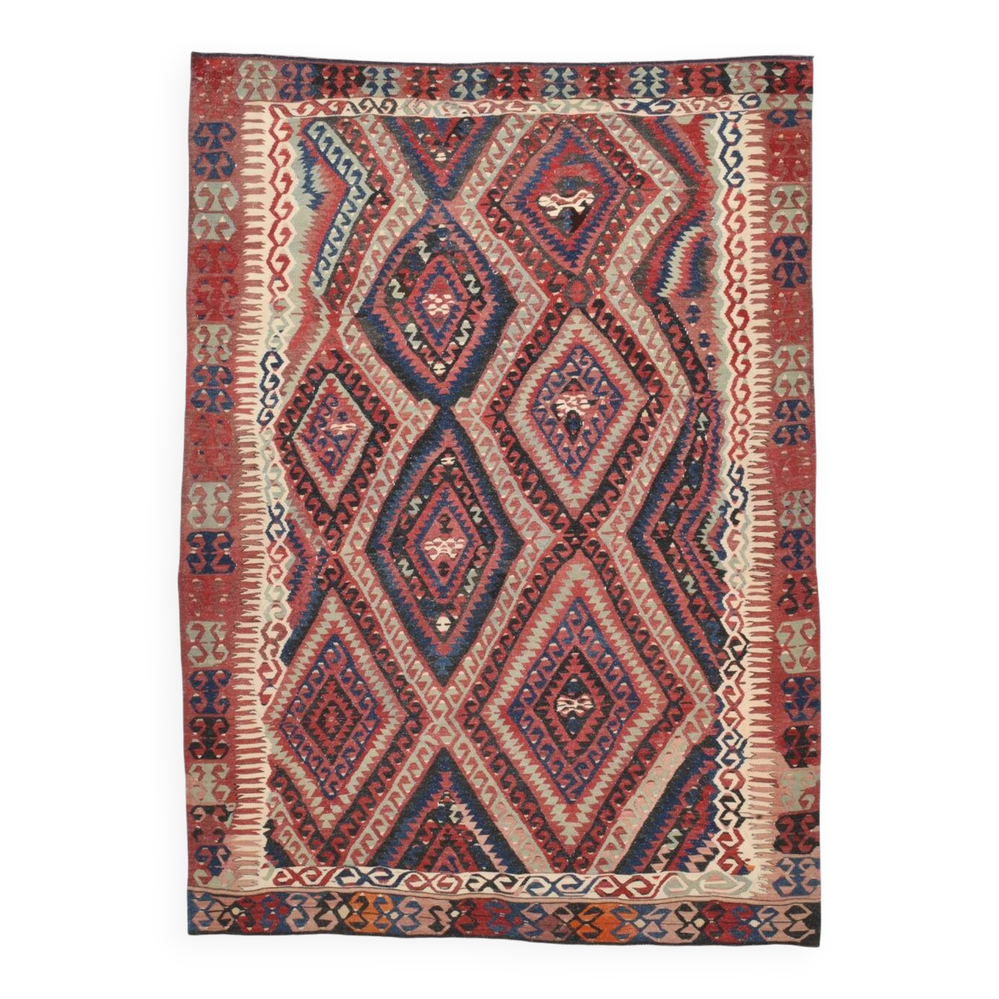 Kilim Ancien Fait Main en Laine Rouge et Bleu,Tapis Plat Vintage,165x231 Cm