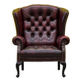 Vintage chesterfield high back wing chair in burgundy leather