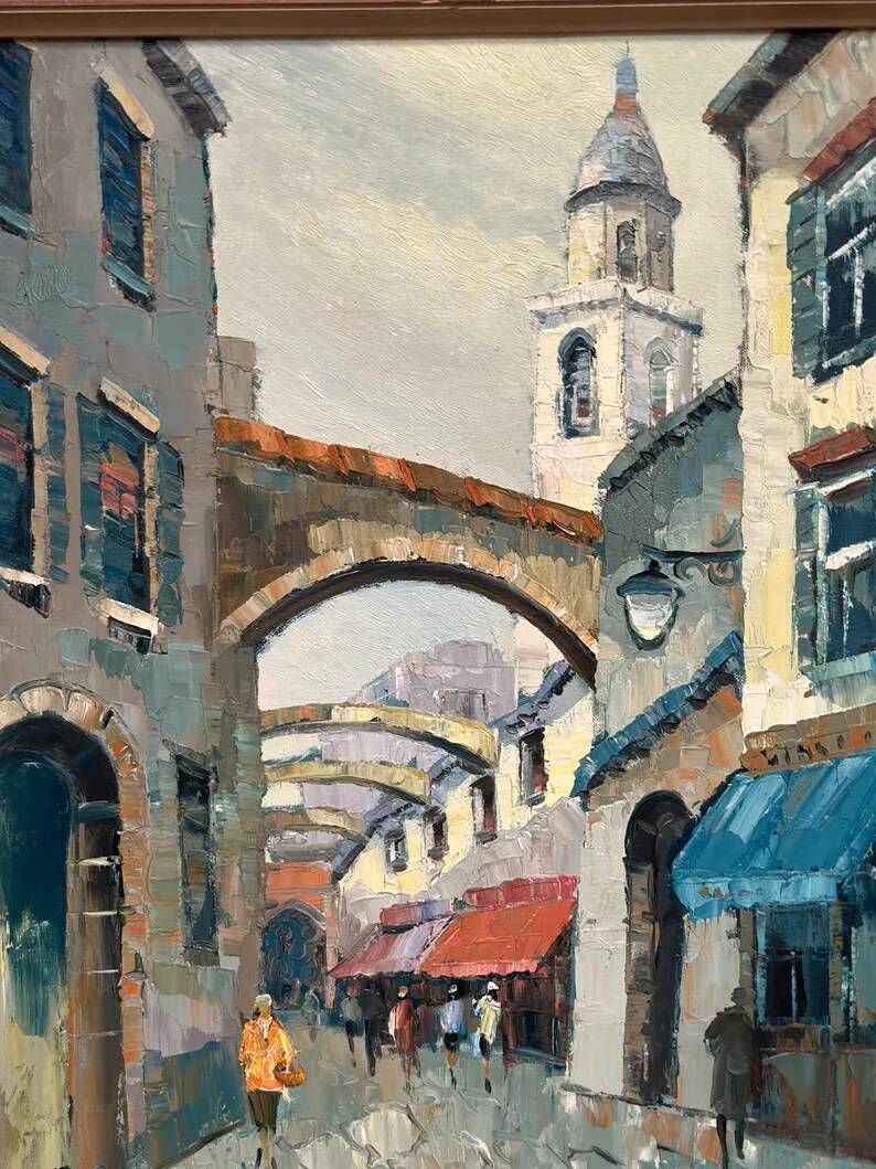 Original Swedish Oil on Canvas –“Market Alley” by B. Komino – Signed – Vintage & Framed –57 × 61 cm