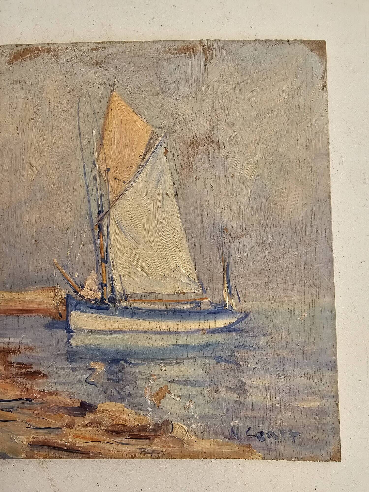Oil painting on panel of sailing boats near the shore signed marcel canet.