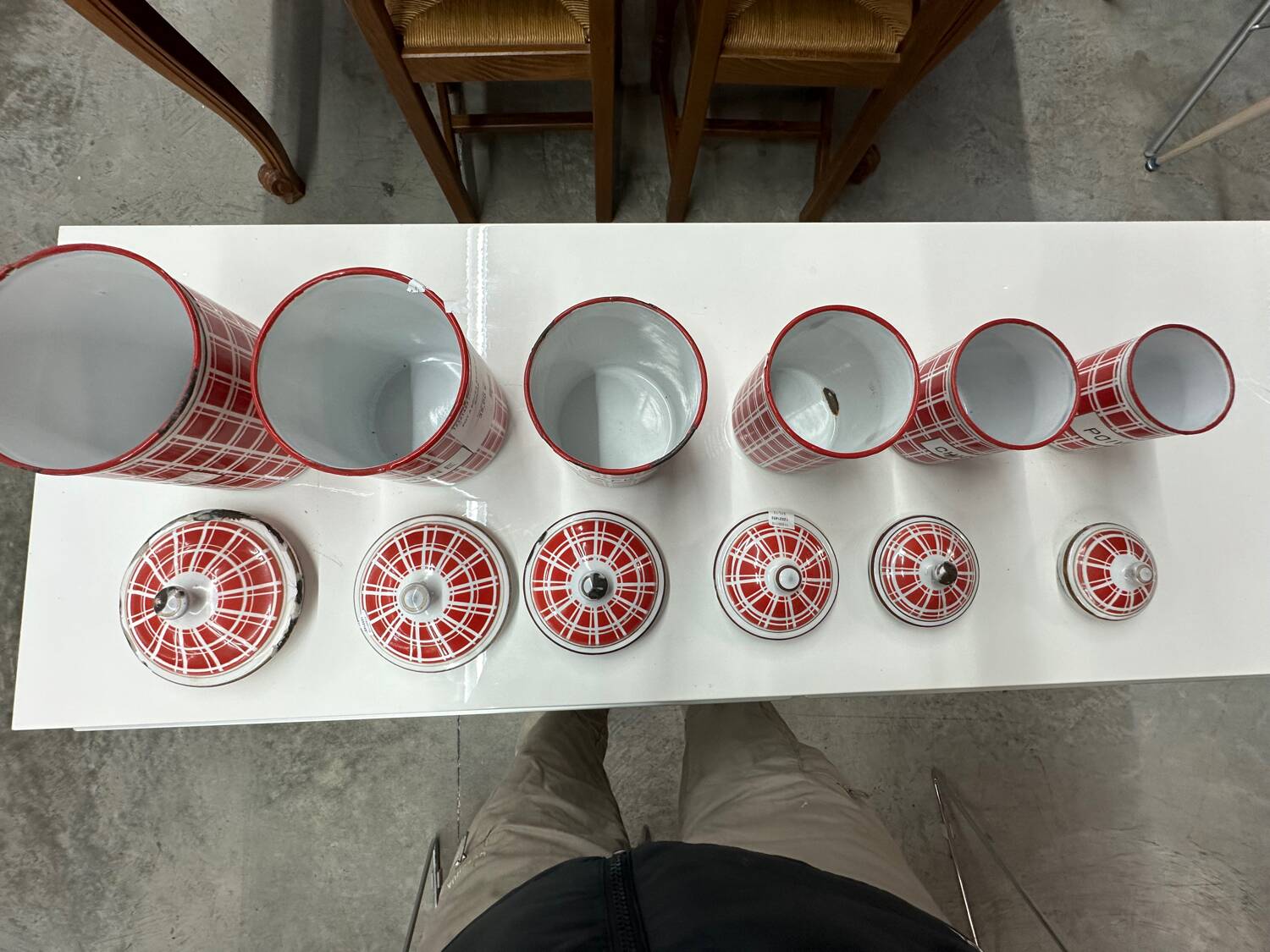 red and white checkerboard enameled tin spice pots BB