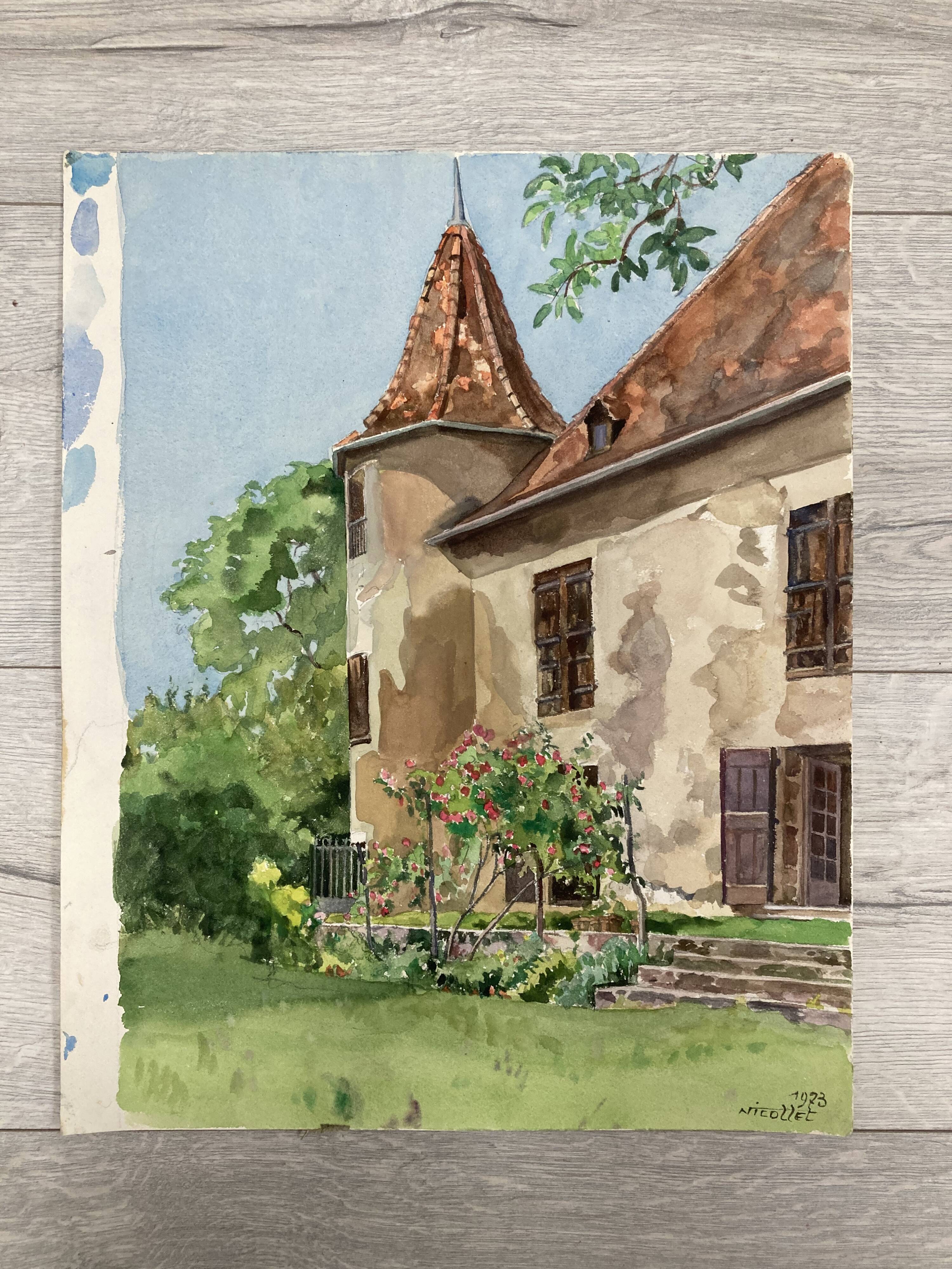 Vintage turret watercolor signed