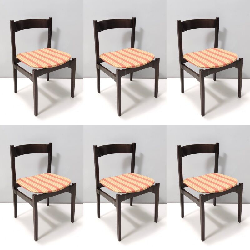 Vintage Set of Six Walnut Chairs by Gianfranco Frattini for Cassina with Stripe Patterned Orange Fab