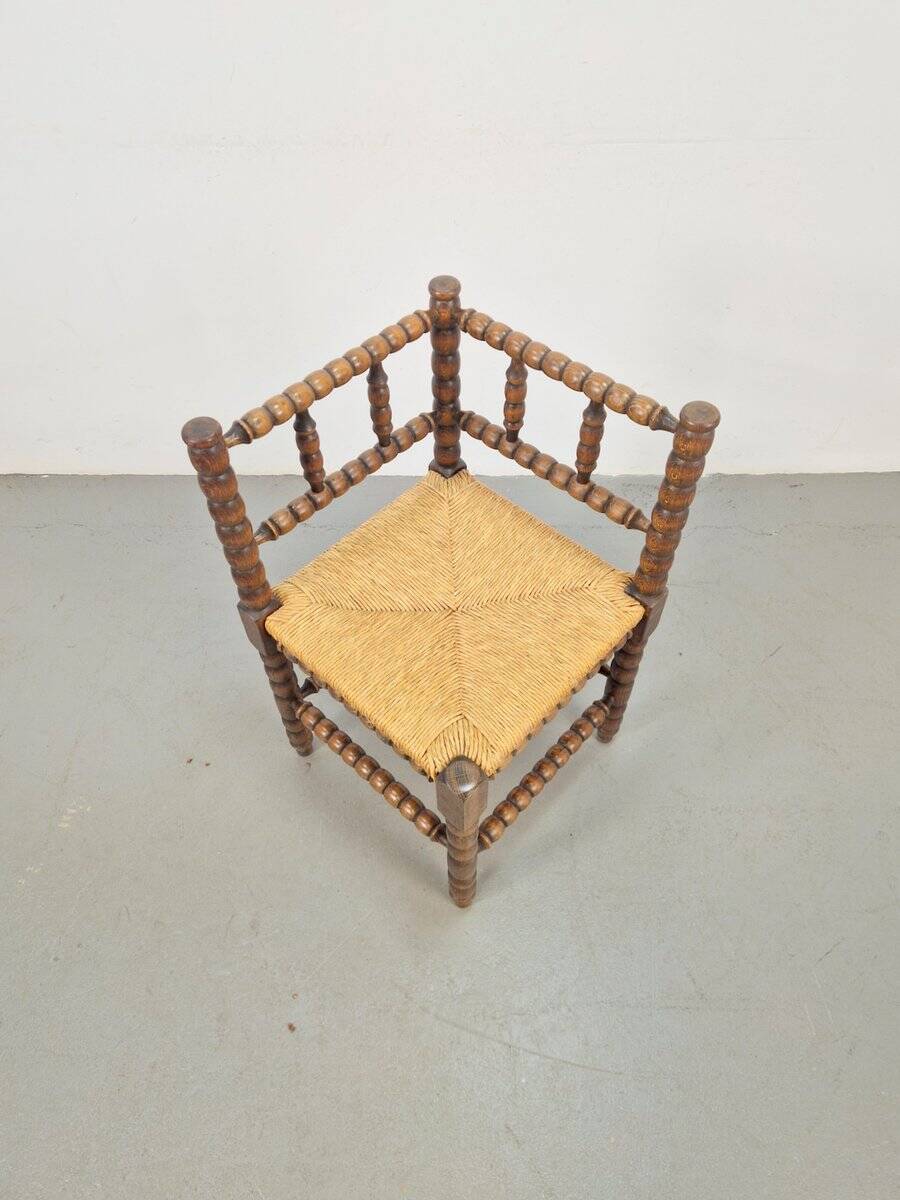 Mid-Century Modern Arts and Craft Style Bobbin Corner Chair in Oak with Rush Seat, 1950s