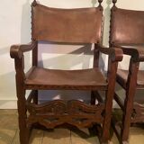 2 fauteuils colonials cuir et noyer