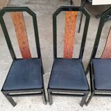 Octagonal table paul michel and its black lacquered chairs and elm magnifying glass
