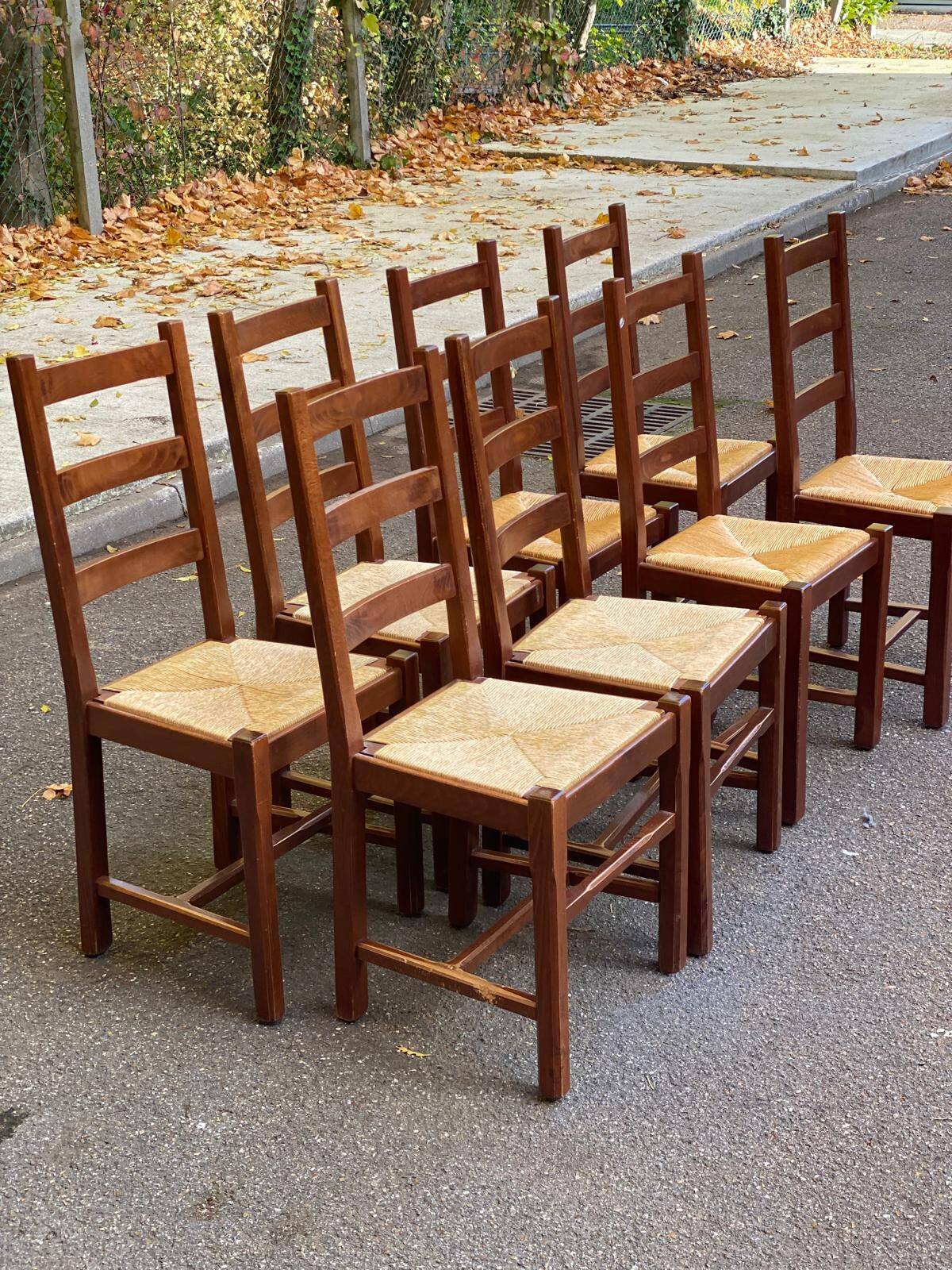 8 solid wood dining chairs with straw seats, farmhouse style