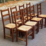 8 solid wood dining chairs with straw seats, farmhouse style