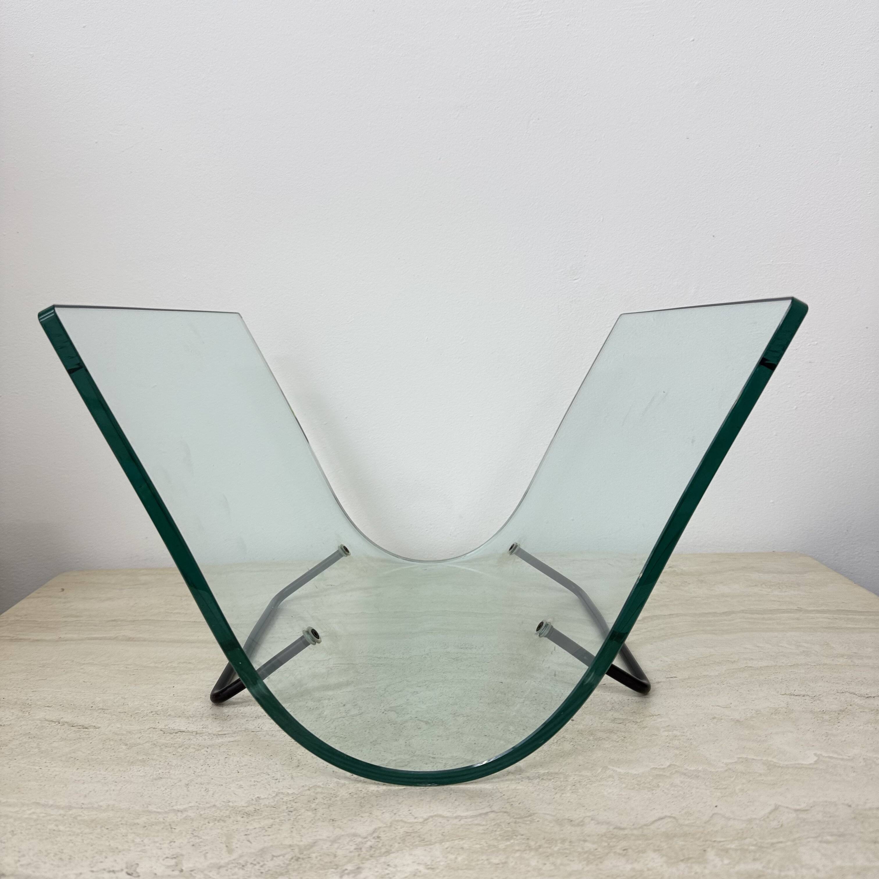 Post modern Fiam Italy curved glass magazine rack , 1980’s