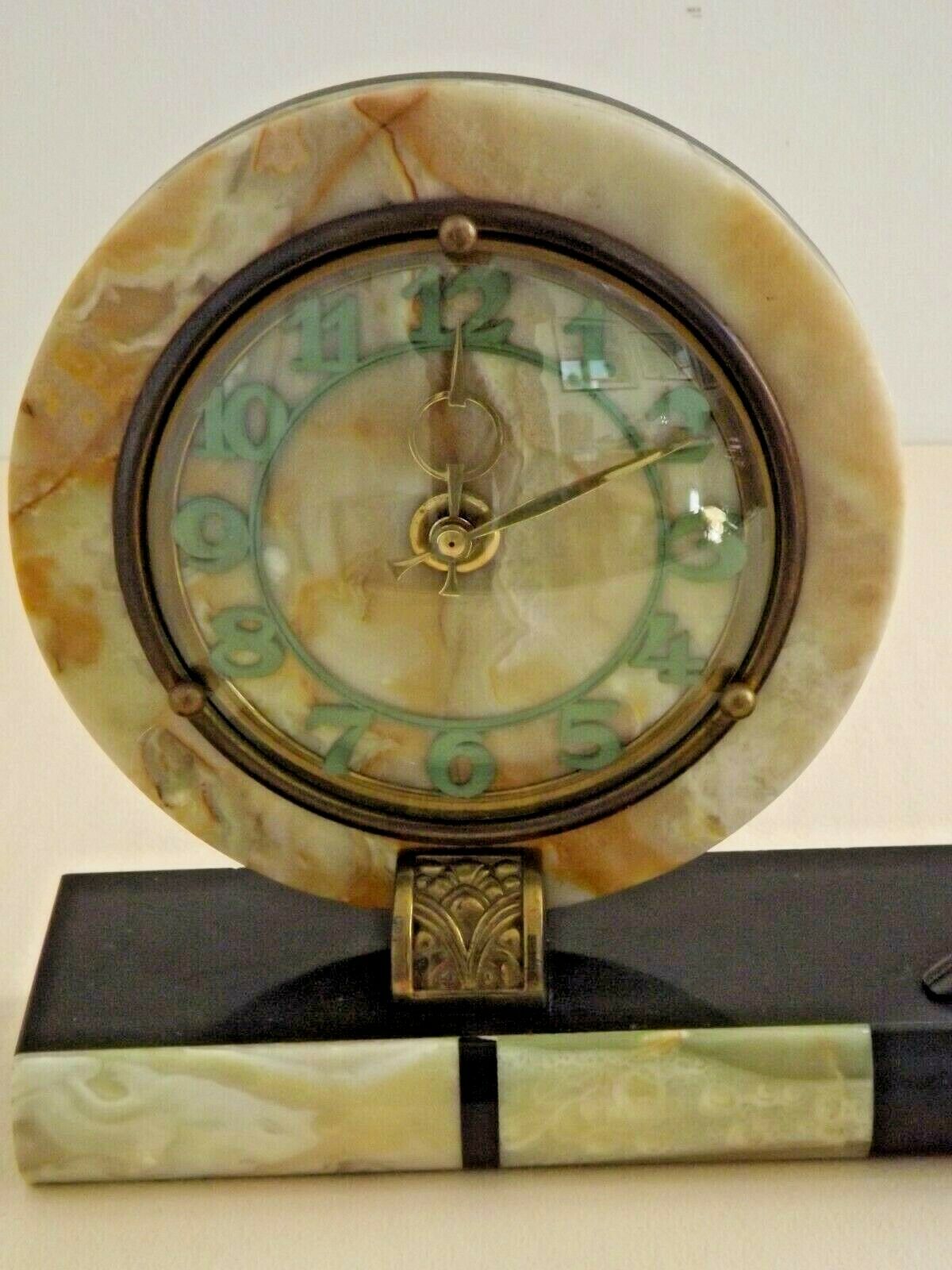 French Art Deco Clock Marble Onyx & Brass With A Bronzed Spelter Gazelle