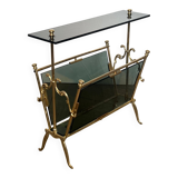 Brass magazine rack and blue-tinted glasses