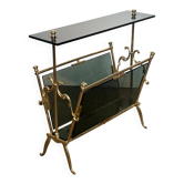 Brass magazine rack and blue-tinted glasses