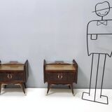 Pair of Walnut Nightstands with Golden Back-Painted Glass Top, Italy
