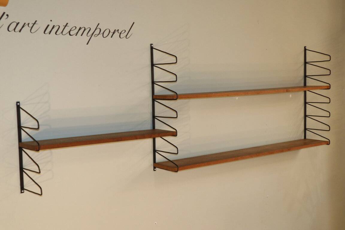 Vintage modular wall shelf in wood and metal, 1950s