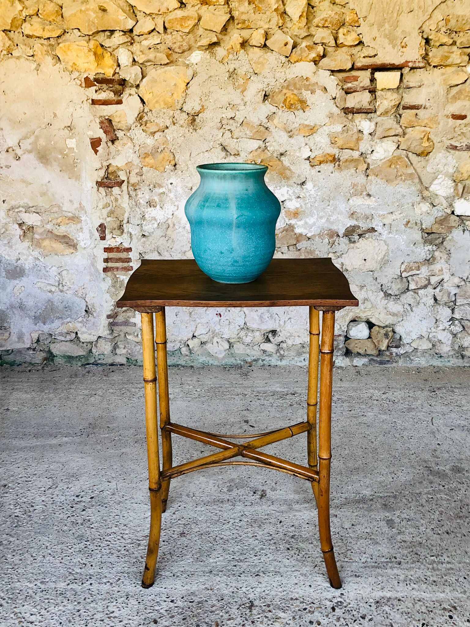 Large vintage side table in bamboo and rattan, circa 1930's