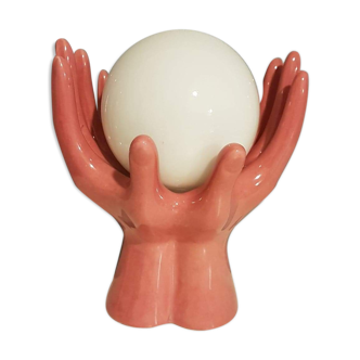 old pink ceramic hand lamp with vintage white opaline globe