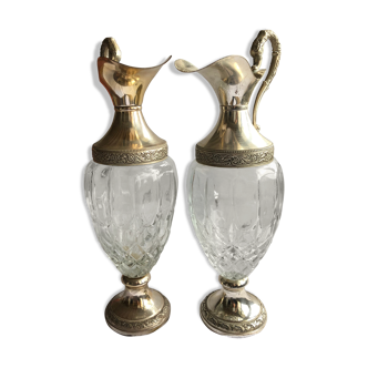 Pair of glass and silver metal ewers