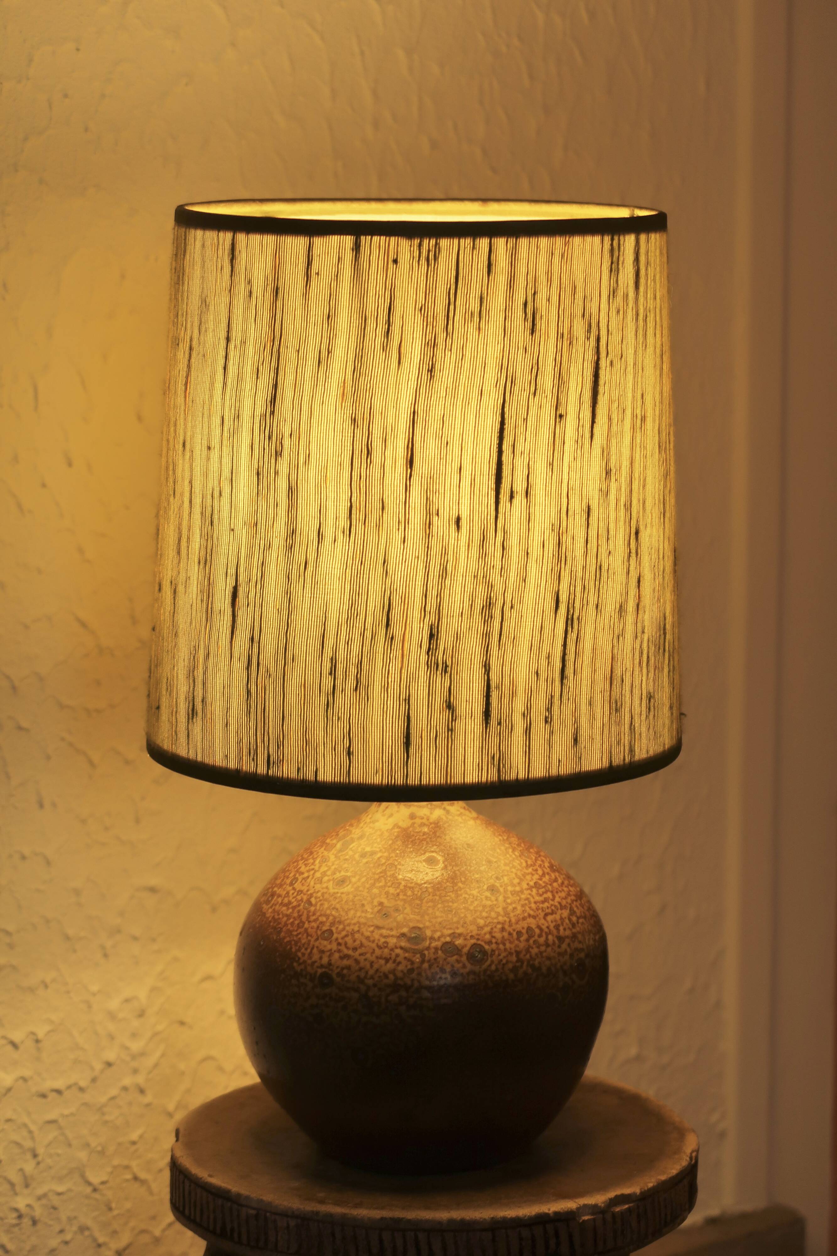 Stoneware lamp by Michel Dumont, green lampshade, 1970s
