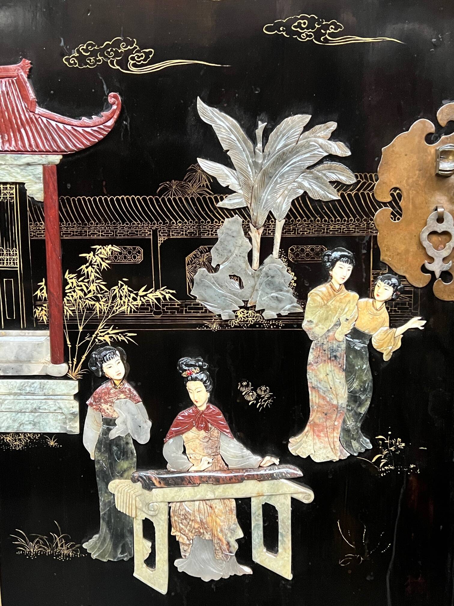 Chinoiserie-style cabinet. Inlaid with steatite, jade, marble, and ivory.